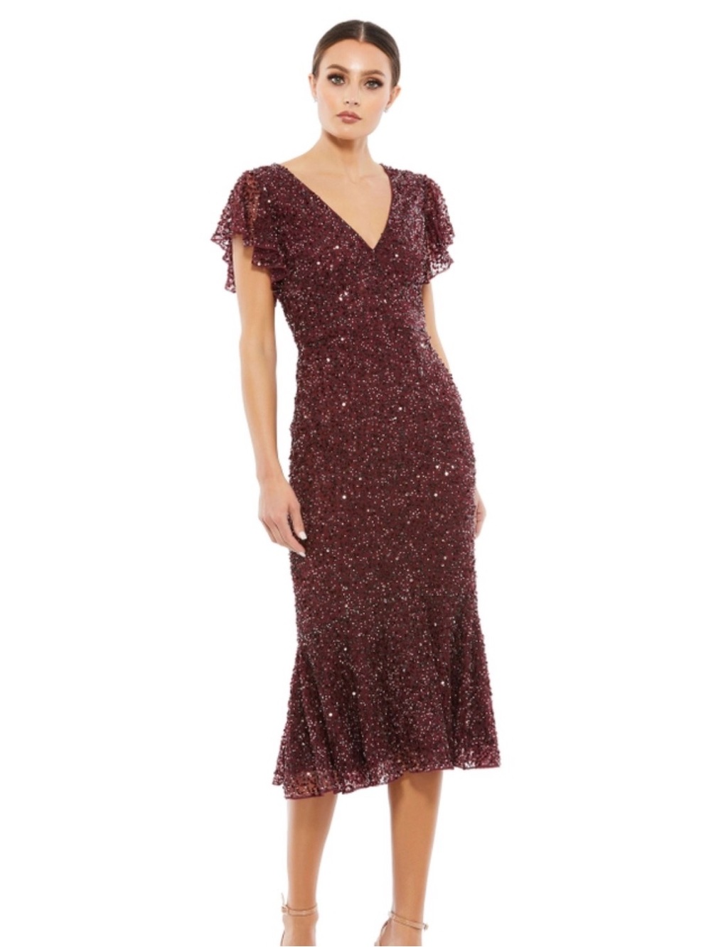 Mac Duggal Sparkling Burgundy Sequin V-Neck Midi Dress